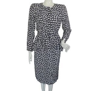 Vintage Skirt Set, XS, 3 piece, Top/Skirt/Belt, Blue Floral Rayon, Peplum, LS